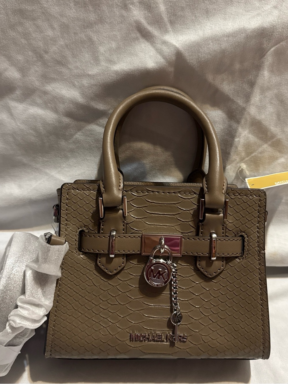 NEW Michael Kors Dusk Taupe Python-Embossed Mini Satchel with Logo Charm - Picture 2 of 6